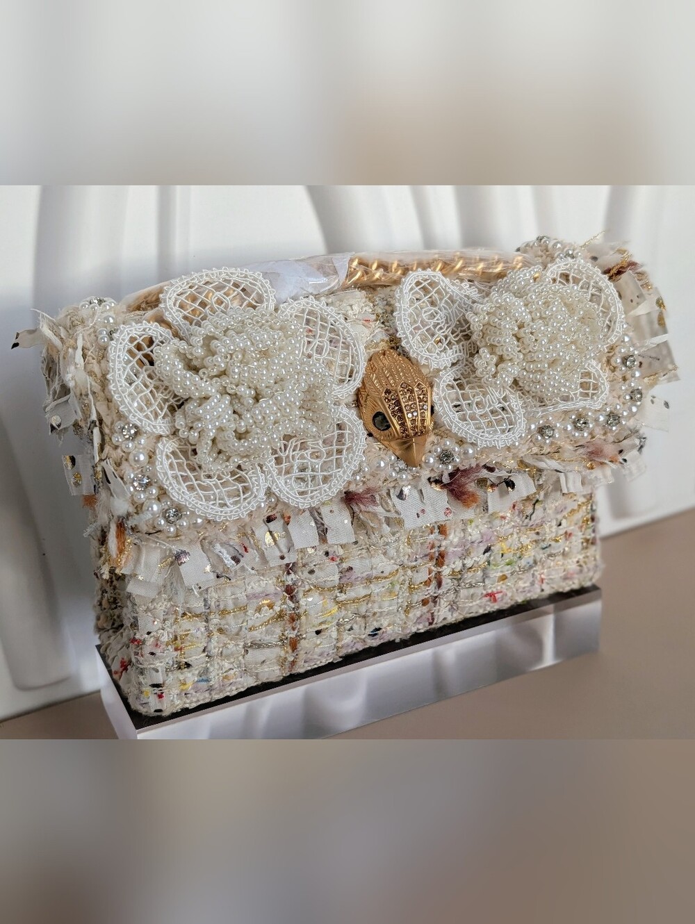 NWT Kurt Geiger London Mini Tweed Kensington Bone Comb Pearl Floral Crossbody